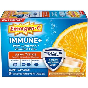 Emergen-C Immune+ Triple Action Immune Support Powder, BetaVia (R), 1000mg Vitamin C, B Vitamins, Vitamin D and Antioxidants, Super Orange – 30 Count (Pack of 1)