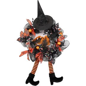Halloween Wreath for Front Door Multi-Legged Witch Outdoor Decorations Outside Scary Signs Decor Large Black Clearance Hangers Happy Decoration Orange Ornaments Wreaths Maple Leaf Party