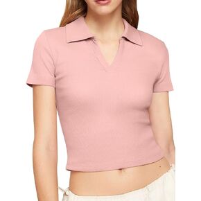 Bliwov Womens Summer V Neck Collared Work Tops Dressy Casual Short Sleeve Crop Polo Ribbed Shirts for Woman 2024 Trendy