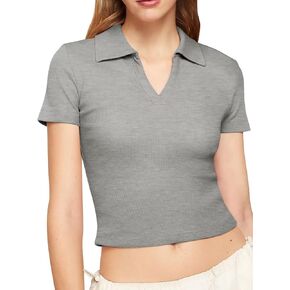 Bliwov Womens Summer V Neck Collared Work Tops Dressy Casual Short Sleeve Crop Polo Ribbed Shirts for Woman 2024 Trendy