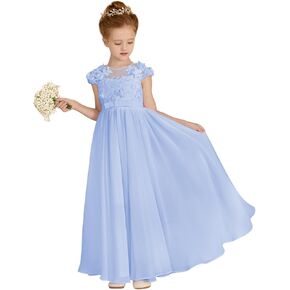 MCieloLuna Chiffon Applique Flower Girl Dresses for Wedding White A-Line Cap Sleeve Formal Bridesmaid Brithday Party Gowns