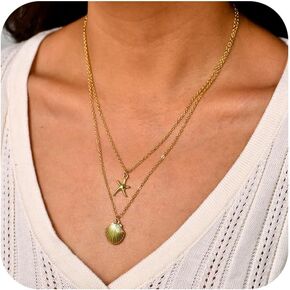 Layered Shell Necklaces Bohemian Pearl Starfish Seashell Pendant Necklace for Women Scallop Choker Necklace Summer Beach Jewelry Gift