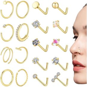 18PCS 20G Nose Rings for Women 316L Stainless Steel Nose Rings Set Hypoallergenic14K Gold Filled Nose Rings Hoops L Shaped Nose Studs Gold Silver Nose Piercing Jewelry for Women Men