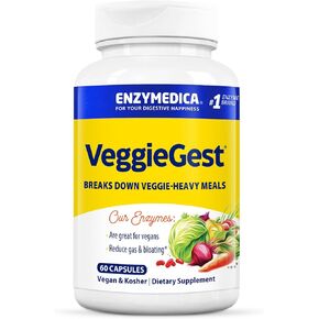Enzymedica VeggieGest, Digestive Enzymes for Vegan, Vegetarian and Raw Diets, Prevents Gas and Bloating, 90 Count - FFP
