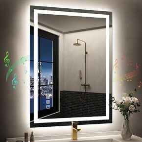 SBAGNO 28x40 LED-Bathroom-Mirror-with-Bluetooth, Dimmable-Lighted-Bathroom-Vanity-Mirror-with-3-Colors，Backlit + Front Lit, Memory Function, Anti-Fog, Tempered Glass, Horizontal/Vertical