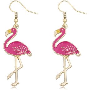 Pink Enamel Flamingo Bird Dangle Earrings Black Tone (Gold)