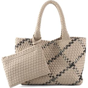 Woven Bag for Women, Large Neoprene Tote Bag Summer Beach Handbag Purse Retro Handmade Travel Shoulder Bag Set