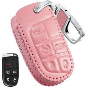 Key Fob Cover Keychain Accessories for Jeep for Grand Cherokee Renegade Chrysler 200 300 Dodge RAM Durango Charger Challenger Journey Dart Fiat 5 Buttons, leather Case+D-Ring+Hook(Black)