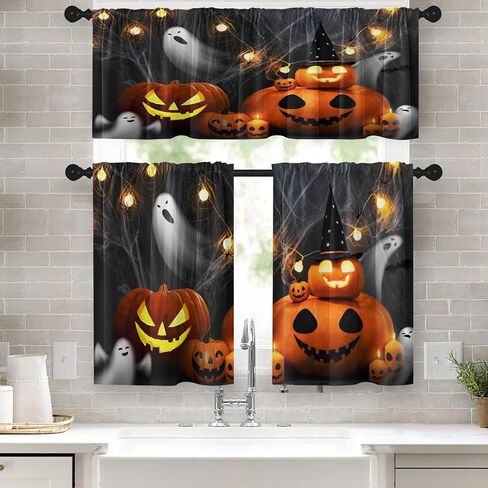 Orange Fall Kitchen Curtains Farmhouse Plaid Window Curtains Valance and Tier Set 36 Inch, Pumpkin Sunflower Bird Rod Pocket Short Tier Curtain for Room, Autumn Small Cafe Kitchen Decor in Kuwait