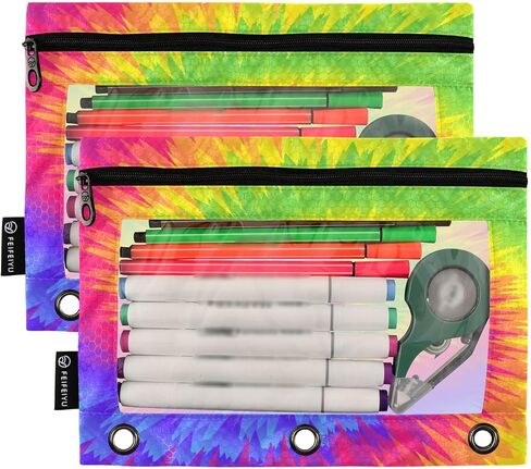 Binder Pouches Tie Dye Swirls Pencil Pouch for 3 Ring Binder Colorful 2 Pack Pencil Case Pencil Pouch with Zipper Clear Window Cosmetic Bag Pencil Bags for School Office Supplies in Saudi Arabia