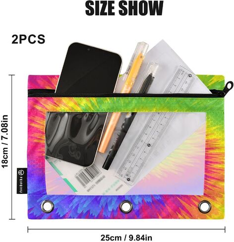 Binder Pouches Tie Dye Swirls Pencil Pouch for 3 Ring Binder Colorful 2 Pack Pencil Case Pencil Pouch with Zipper Clear Window Cosmetic Bag Pencil Bags for School Office Supplies in Saudi Arabia