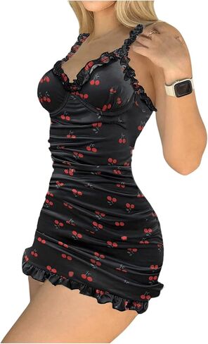 Women's 2 Piece Lingerie Set Cherry Print Frill Ruched Bodycon Babydoll Dress Nightgown with Panty in Saudi Arabia