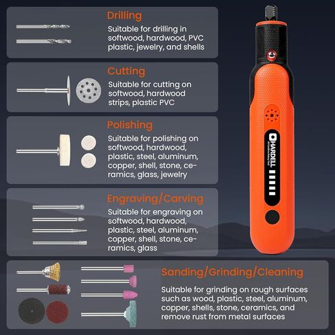 مجموعة أدوات دوارة هارديل 8 فولت لاسلكية مع 65 قطعة ملحقات، أداة دوارة كهربائية بـ 5 سرعات متغيرة، بطارية قابلة لإعادة الشحن، شحن من النوع C، للطحن والحفر والقطع والصنفرة والنحت والتلميع وما إلى ذلك in Kuwait