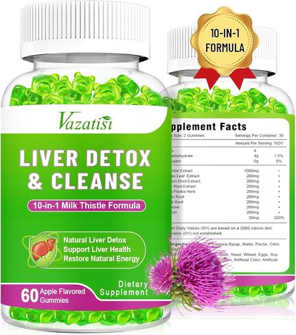 Milk Thistle Gummies for Adults Kids. Liver Cleanse Detox Repair Gummies, 1000 m Milk Thistle Extract Supplement for Liver Support Digestive Metabolism Antioxidant, 60ct Apple Flavor in Kuwait