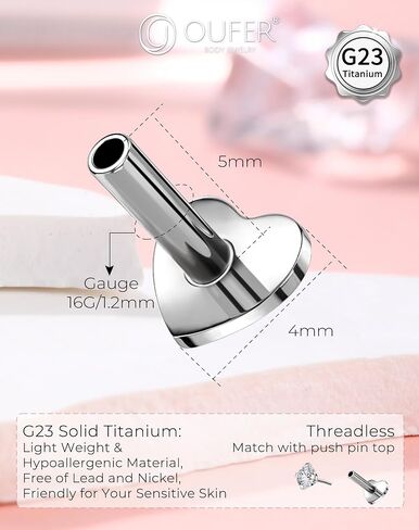 OUFER Cartilage Helix Earring, G23 Solid Titanium 16G Push in Replacement Bar Flat Back, Heart Design Earrings Studs Cartilage Helix Piercing Jewelry for Women and Men in Saudi Arabia