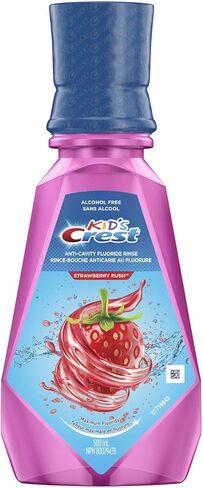 غسول الفم بالفلورايد المضاد للتسوس من كريست كيدز، خالي من الكحول، راش الفراولة، 500 مل (16.9 أونصة سائلة)، عبوة من 4 قطع in Kuwait