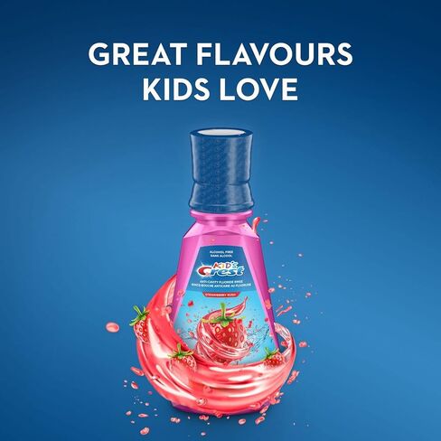 غسول الفم بالفلورايد المضاد للتسوس من كريست كيدز، خالي من الكحول، راش الفراولة، 500 مل (16.9 أونصة سائلة)، عبوة من 4 قطع in Kuwait