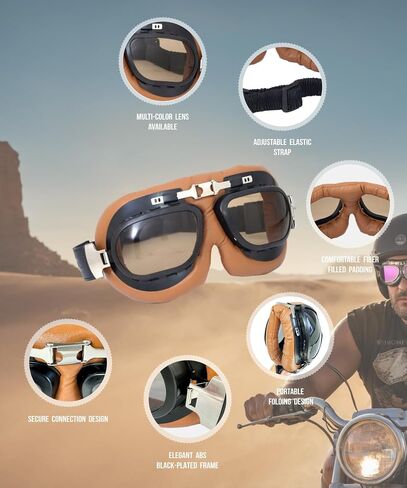 Motorcycle Goggles Vintage Aviator Pilot Style Cruiser Scooter Motocross Goggle for Men, Women,Adults in Saudi Arabia