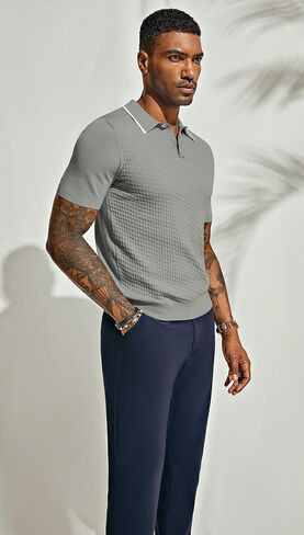 PJ PAUL JONES Men's Short Sleeve Knit Polo Shirts Waffle Texture Knit Shirt in Saudi Arabia