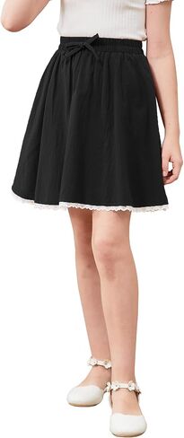 GORLYA Girls Casual Elastic High Waist A-Line Swing Linen Skirts with Scallop Trim Lace Hem for 4-14T in Saudi Arabia