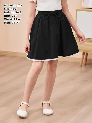 GORLYA Girls Casual Elastic High Waist A-Line Swing Linen Skirts with Scallop Trim Lace Hem for 4-14T in Saudi Arabia