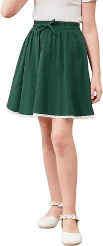 GORLYA Girls Casual Elastic High Waist A-Line Swing Linen Skirts with Scallop Trim Lace Hem for 4-14T in Saudi Arabia