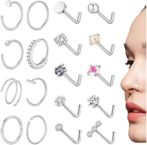 18 قطعة 20 جرام حلقات الأنف للنساء 316L الفولاذ المقاوم للصدأ حلقات الأنف مجموعة هيبوالرجينيك 14K الذهب شغل حلقات الأنف الأطواق L على شكل الأنف ترصيع الذهب الفضة الأنف ثقب المجوهرات للنساء الرجال in Kuwait