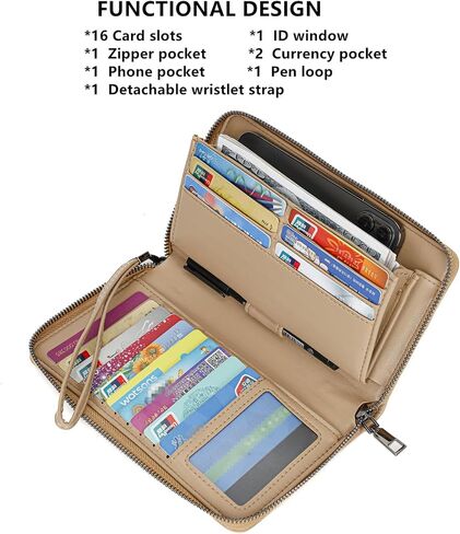 Wallet For Women Vegan Leather Zip Around Phone Clutch Large Capacity Ladies Long Purse Credit Card Travel Wristlet Black in Saudi Arabia