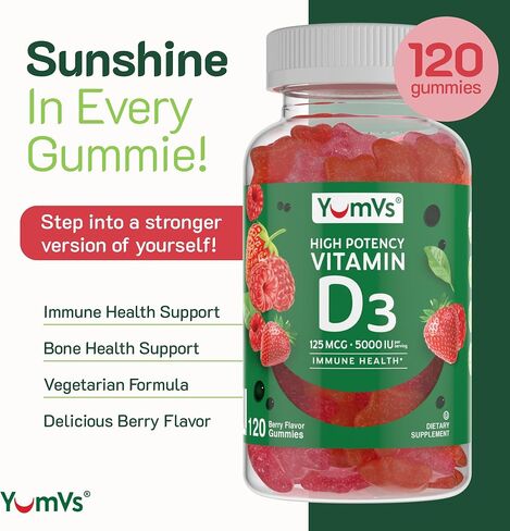 Vitamin D3 Jellies by YumV's | Vitamin D 5000 IU | Daily Dietary Supplement for Men and Women | Mixed Berry Flavor Chewable Jellies | Vegetarian, Gluten-Free, Kosher, Halal | 60 Count in Kuwait