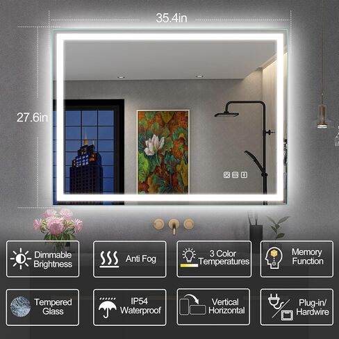 SBAGNO 28x40 LED-Bathroom-Mirror-with-Bluetooth, Dimmable-Lighted-Bathroom-Vanity-Mirror-with-3-Colors，Backlit + Front Lit, Memory Function, Anti-Fog, Tempered Glass, Horizontal/Vertical in Saudi Arabia