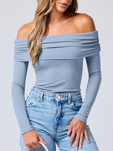 ANRABESS Womens Long Sleeve Off Shoulder Shirts Tight Fitted Going Out Y2K Sexy Ruched Tee Tops Blouses 2024 Trendy Outfits in Saudi Arabia
