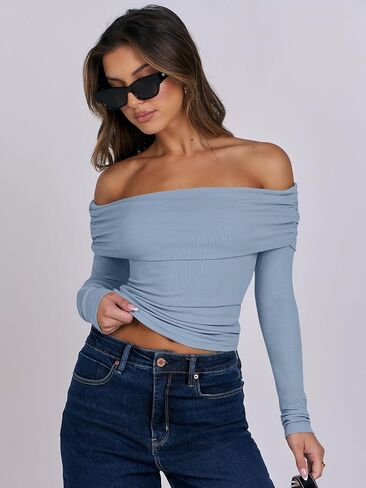 ANRABESS Womens Long Sleeve Off Shoulder Shirts Tight Fitted Going Out Y2K Sexy Ruched Tee Tops Blouses 2024 Trendy Outfits in Saudi Arabia