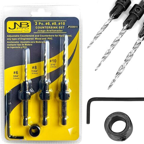 JNB Pro Countersink Drill Bit Set 5PC #4, 6, 8, 10, 12 High Speed M2 Steel Wood Drill Bit Set 4 Flute 1/4 Hex Shank, Stop Collar Set Brocas Para Madera One Step Counter Sink and Counterbore Drill Bit in Saudi Arabia
