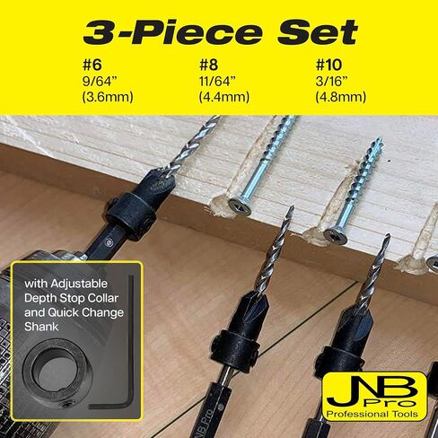JNB Pro Countersink Drill Bit Set 5PC #4, 6, 8, 10, 12 High Speed M2 Steel Wood Drill Bit Set 4 Flute 1/4 Hex Shank, Stop Collar Set Brocas Para Madera One Step Counter Sink and Counterbore Drill Bit in Saudi Arabia