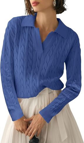 Micoson Womens Fall Long Sleeve Sweaters Lapel V Neck Cable Knitted Pullover Casual Soft Jumper Top in Saudi Arabia