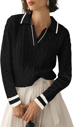 Micoson Womens Fall Long Sleeve Sweaters Lapel V Neck Cable Knitted Pullover Casual Soft Jumper Top in Saudi Arabia
