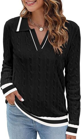 Micoson Womens Fall Long Sleeve Sweaters Lapel V Neck Cable Knitted Pullover Casual Soft Jumper Top in Saudi Arabia