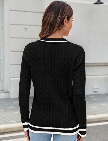 Micoson Womens Fall Long Sleeve Sweaters Lapel V Neck Cable Knitted Pullover Casual Soft Jumper Top in Saudi Arabia