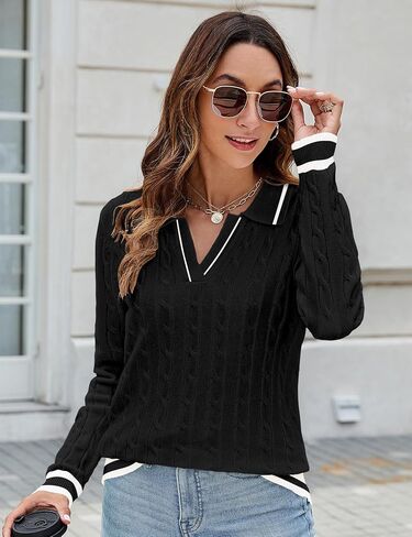 Micoson Womens Fall Long Sleeve Sweaters Lapel V Neck Cable Knitted Pullover Casual Soft Jumper Top in Saudi Arabia