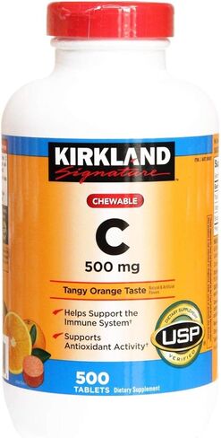Kirkland Signature Vitamin C 500mg 2-Pack or 1000 Tangy Orange Chewable Tablets in Kuwait