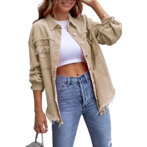Womens Oversized Ripped Fringe Denim Jacket Casual Long Sleeve Boyfriend Jean Jacket Coat