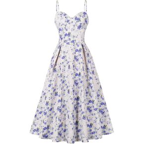 Floral Corset Dress for Women 2024 Summer Spaghetti Strap Cottagecore Dresses Milkmaid Dress Pocket Midi Sundress