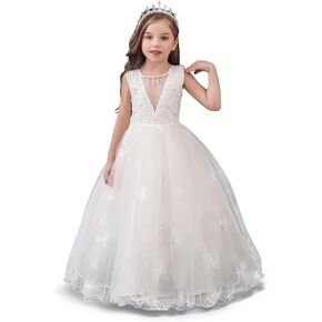 V-Neck Flower Girl Dress Lace Maxi Dress Girls Formal Wedding Tulle Dresses for Pageant Prom Ball Gown