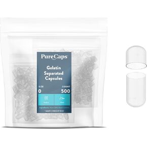 PureCaps USA - Empty Gelatin Capsules Size 0, 500 Empty Separated Gel Pills, Clear, Non-GMO Certified, Kosher, Gluten Free and Halal Certified, Pure Beef Gel Pill Capsules Empty