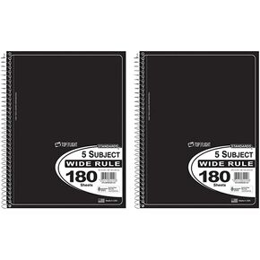 Top Flight Standards 5-Subject Wirebound Notebook, 180 Sheets, 3-Hole Punched, Wide Rule, 10.5 x 8 Inches, 1 Notebook, Color May Vary (31414)