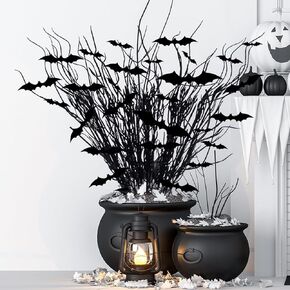 50 Pcs Halloween 17.72 Inch Artificial Curly Willow Branches and Halloween 3D Bats Wall Decals Stickers Decor Decorative Tree Glittery Branch for Halloween Party Decorations Supplies