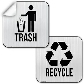 Recycle and Trash Stickers for Kitchen Trash Cans and Recycling Bins, Indoor Trash and Recycle Sticker Combo for Garbage Can Logo Symbol, 2 Decal Adhesives, 6.5 x 6.5 Inch Square Metallic Decals