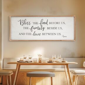 Bless The Food Before Us Home Decor Wall Sign For Family Kitchen Farmhouse Dining Room Vintage Rustic Retro Boho Wood House Wall Art Decoration For Living Room Bedroom 40 x 15 Inch white