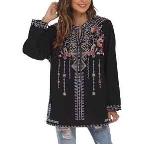 Grosy Boho Embroidered Long Sleeve Tunics Shirts for Women Mexican Peasant Blouses Ethnic Bohemian Floral Tunic Tops