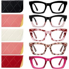 Oprah Style Reading Glasses for Women Men Blue Light Blocking 5 Pack Square Fashion Readers with Spring Hinge Computer Eyeglasses(0.00x)